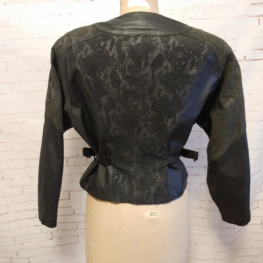 Vintage Chia Womens Leather Jacket Size M Medium Cropped Cinch Waist "Snakeskin" - Picture 5 of 12